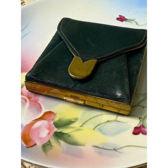 Vintage 40's Dorset 5th Ave Green Leather Compact Coin Purse - Picture 1 of 15
